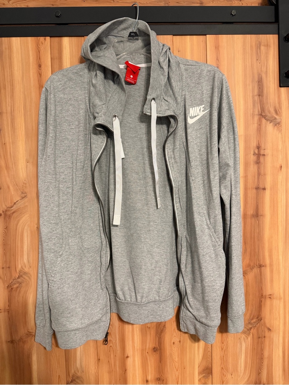 Nike Light Gray Hooded Zip Sweatshirt with Red Logo Tag